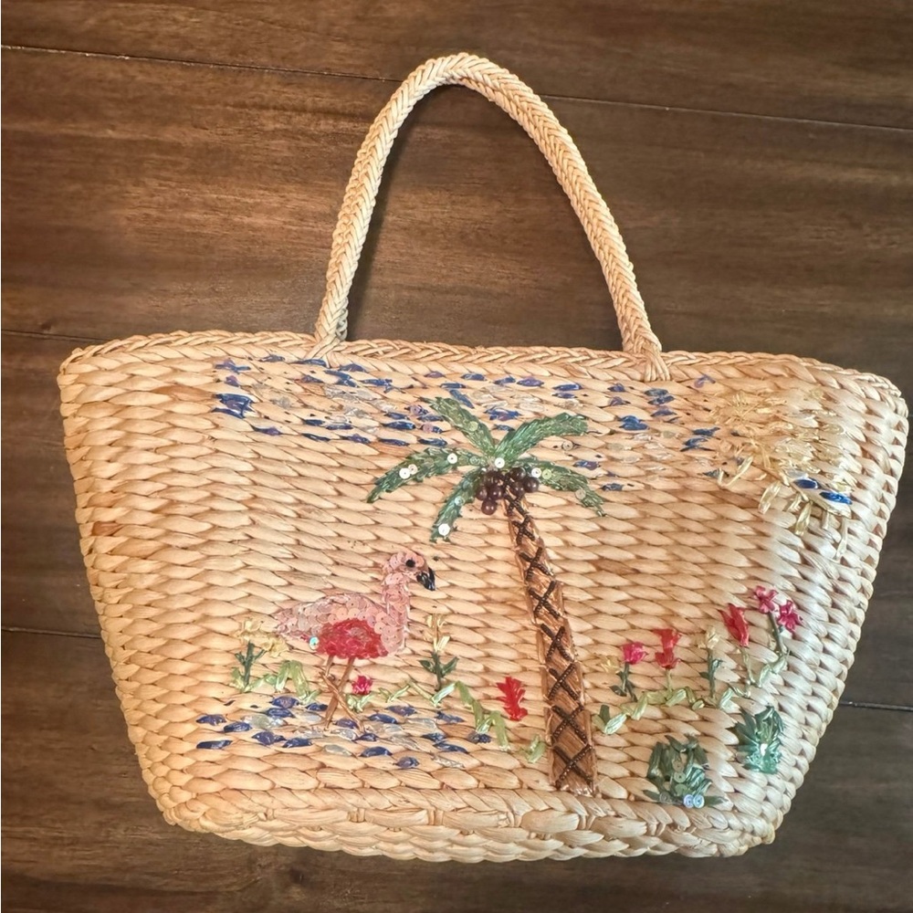 Embroidered Straw Tote Bag